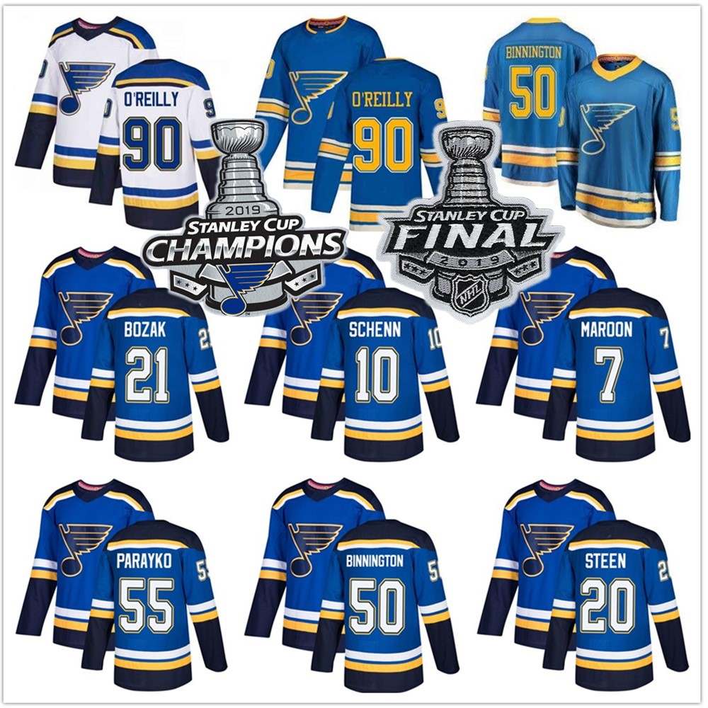 

St. Louis Blues 2019 Stanley Cup Champions 90 Ryan O'Reilly 50 Binnington 91 Vladimir 7 Maroon 17 Schwartz 10 Schenn hockey jerseys, Black;red