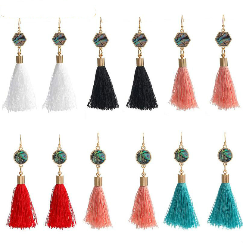 

New Handmade Bohemia Trendy Colorful Tassel Dangle Earrings Natural Abalone Shell Pendant Earring For Women Gold Plated Hook Jewelry Gift