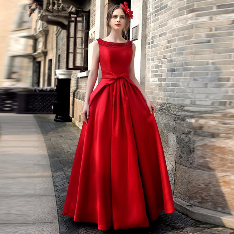 

Elegant Womens Evening Party Dresses Crewneck Satin Slim Fit Red Long Full Length Dress Vestidos De Fiesta