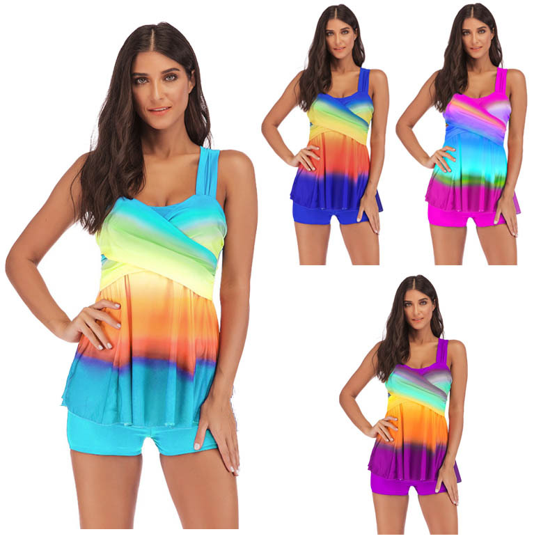 

Plus Size Swimsuit Rainbow Print Bikini Fat Woman Split Skirt Swimsuit Women Sexy Ladies Floral Bathing Suit Bikini Monokini Casual, Blue