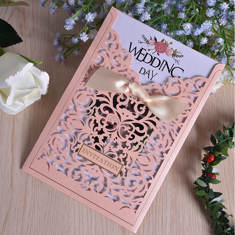 

wholesale Design Ribbons Flower Bow Elegant Laser Cut Wedding Invitations Cards custom Blank Paper Printing Invitation