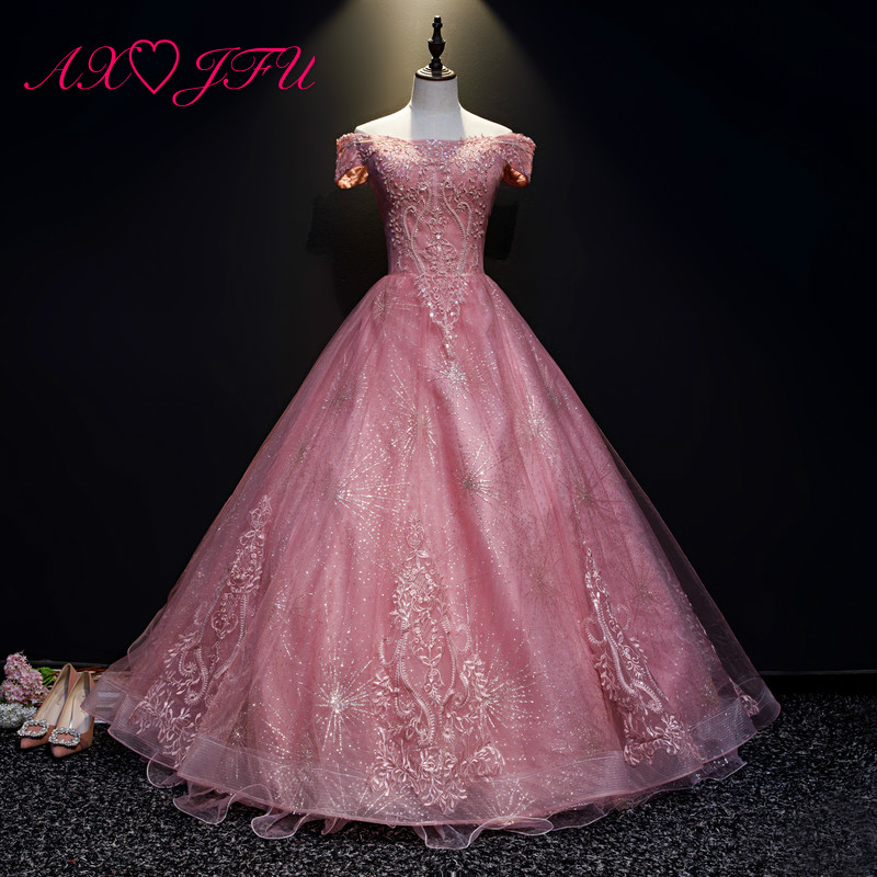 

AXJFU vintage princess pink lace flower illusion evening dress luxury boat neck beading crystal bride rose pink evening dress, As pic