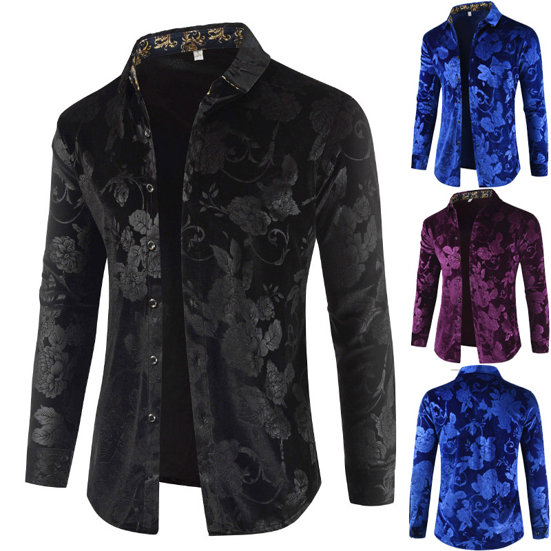 

Wholesale 2019 autumn and winter new men's long sleeve shirt rose velvet fashion men's shirt size -3XL, White;black
