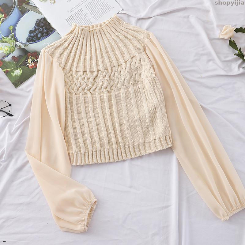 

New Lady Bottom Lantern Lantern Autumn Lady Turtleneck Knit Pullover Chiffon Patchwork Sweater Sleeve Sweater Short Top, Beige