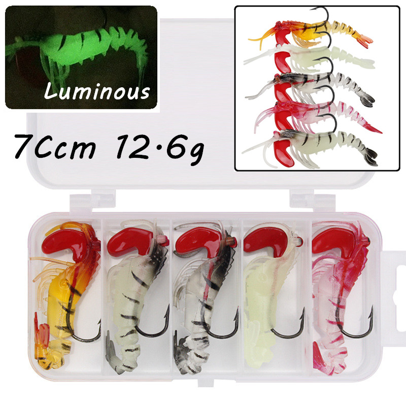 

5pcs/1box 5 Colors Mixed 7cm 12.6g Luminous Shrimp Lead Head Lure PVC Soft Fishing Bait Artificial Baits Fishing Hooks B7_52