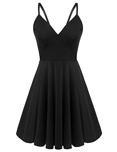 

ELESOL Women Sexy Deep V-Neck Backless Spaghetti Strap Skater Dress, Polka dot-black