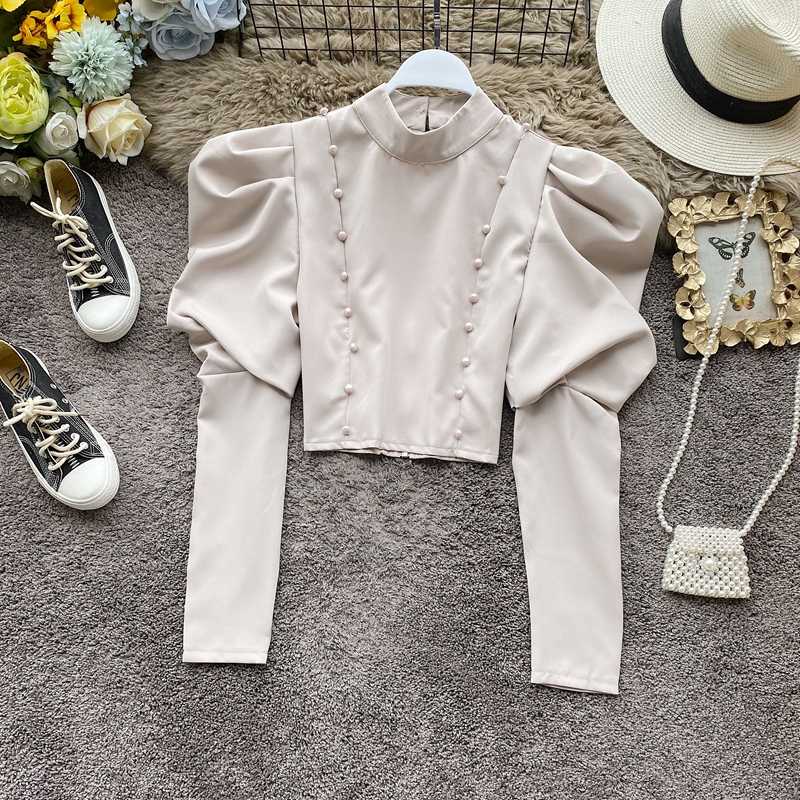 

2020 Spring Korea Fashion Women Casual Vintage Short O-Neck Puff Sleeve Blouse Blusas Mujer De Moda H185