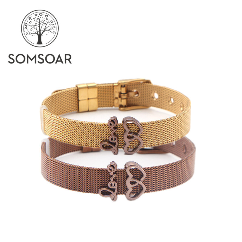 

Somsoar Jewelry Golden Coffee Stainless Steel Mesh Bracelet Bangles with coffee Slide Charms as Christmas day gift