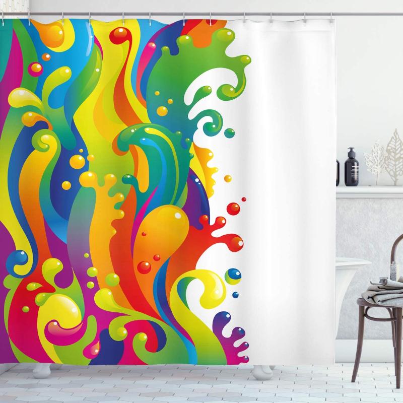 

Shower Curtain Digital Made Fluid Rainbow Color Paint Splash Contemporary Design Bathroom Decor Set