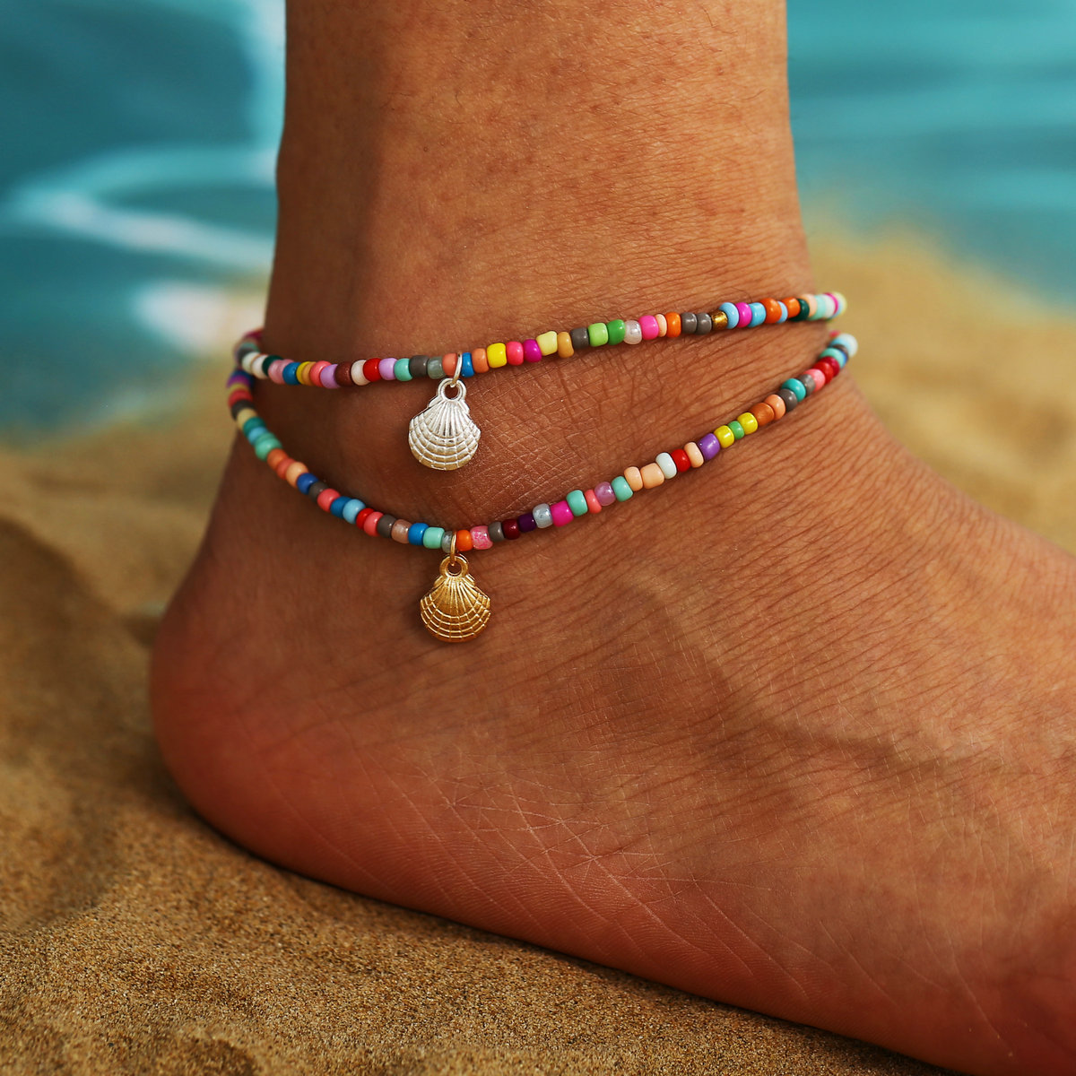 S1417 Hot Bohemian Fashion Jewelry Colorful Beaded Anklet Chain Alloy Scallop Pendant Ankle Bracelet Beach Anklets Foot Chains