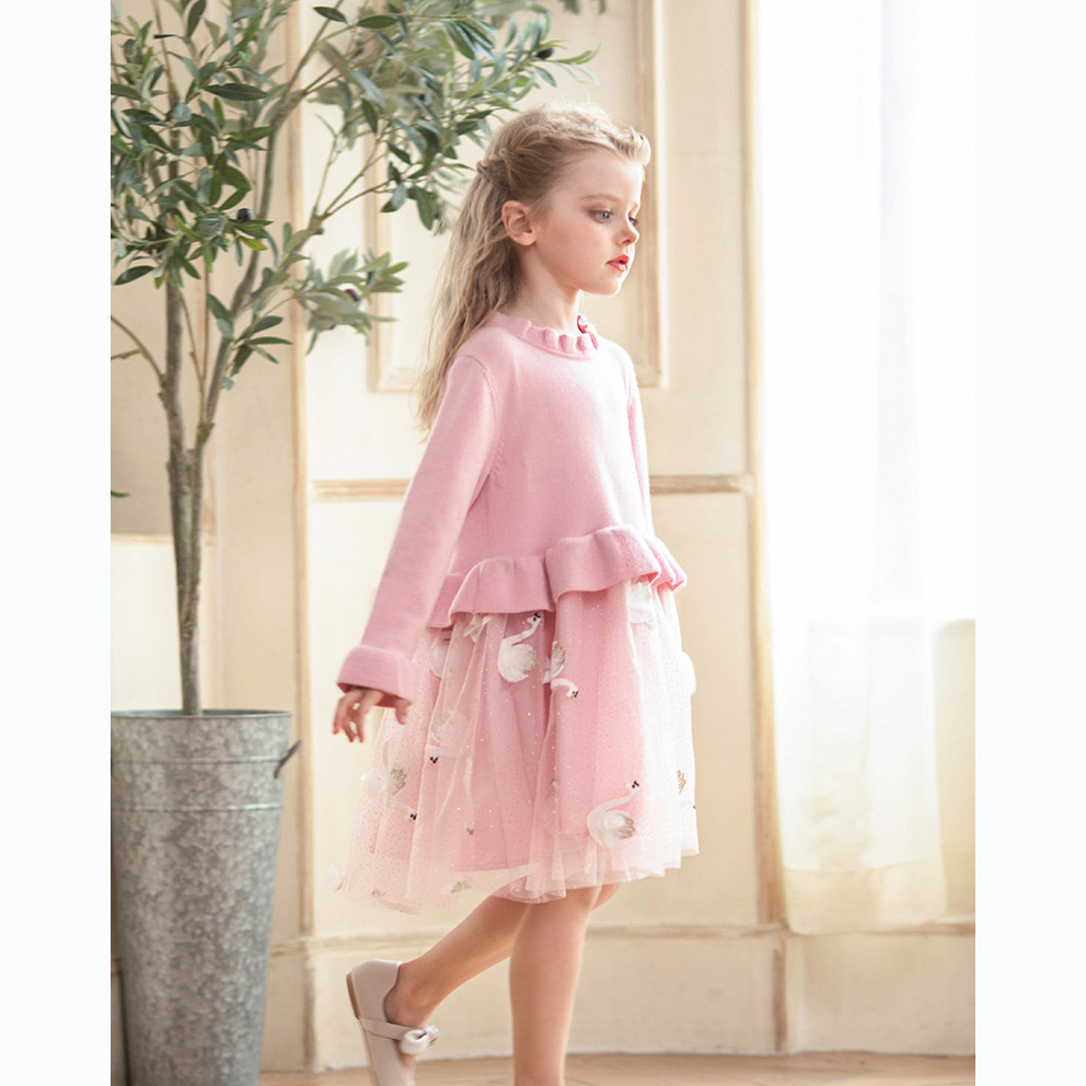 

Kids Luxury Dress Girls Brand Knitted Mesh Puff Princess Dress Childrens Swan Print Skirt Solid Color Lace Dresses 2019 Autumn New, Pink