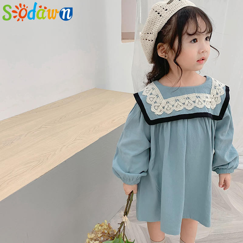 

Sodawn 2019 Korean Style Autumn Brand New Children Clothes Baby Girls Linen Dress Lace Collar Toddlers Kids Princess Dresses, Bz533-blue
