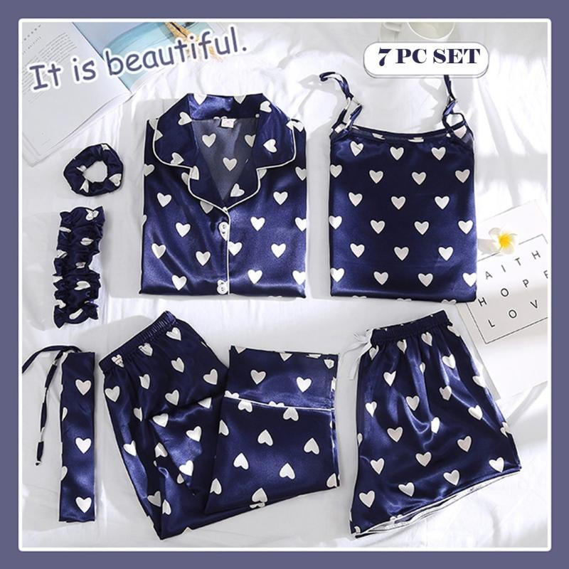 

Women Pajamas 7/pcs Sets Sexy Imitation Silk Pyjamas Set Loose coat+Camisole+long pant+short pant and Hair rope Women Sleepwear, Blue
