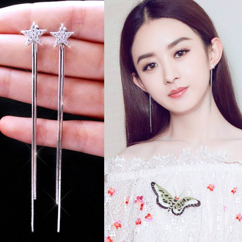 

Dangle & Chandelier 925 Silver Earrings jewerly temperament long section of female wild red five-pointed star tassel earrings net Tremella Line Stud Earrings