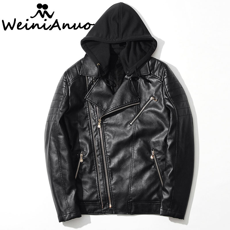 

WEINIANUO 2017 Brand Hooded leather Jackets Mens Spring Autumn Casual Men Leather Jacket Male Coats Chaqueta Hombre Cuer 178, Black