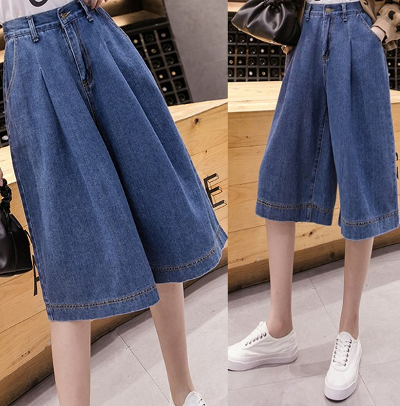 

2020 New Summer Plus Size Woman Half Jeans Korean Style High Waist Slim Fit Denim Knee-length Wide Leg Pants, Blue