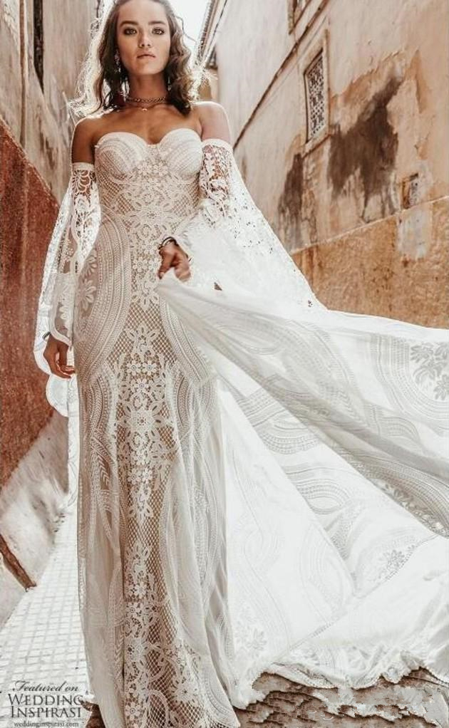 EXY Wild Wild Heart Bohemian Gaine Robes De Mariée À Manches longues Rue de Seine Vintage Crochet Dentelle Applique Pays Mariée Robe Robe de Mari