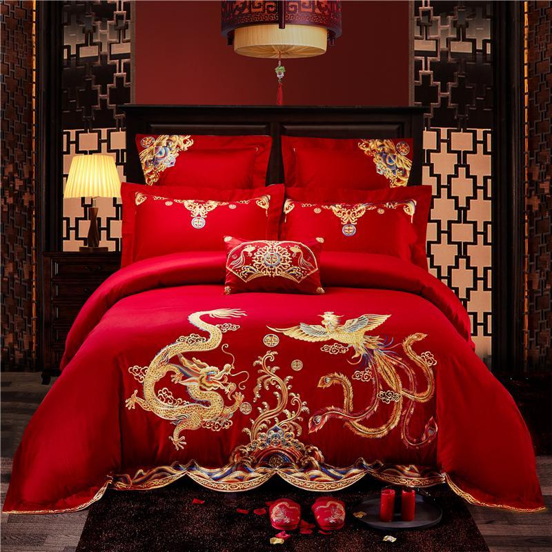

39 Cotton Chinese Dragon Phoenix Wedding Bedding Set Embroidery Duvet Cover Bed Sheet Queen King Size 4/6/7pcs, Gds1