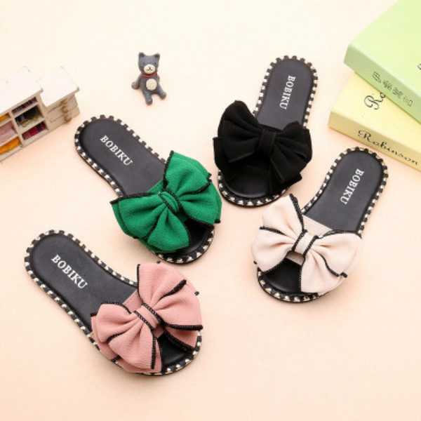

Kdis Bow Sandals Fashion Summer Slippers In Beach Soft Botton Non-slip Casual Girls Princess Shoes Flat Heel Sandals New, Black