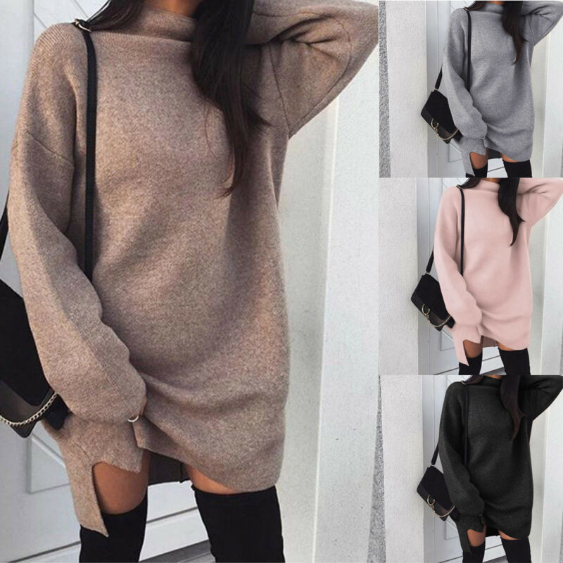 

Fashion Hot Sale Knitted Pullover Loose Mini Dress Winter Spring Autumn Women Sweatshirt Turtleneck Long Sleeve Jumper Dress, Black
