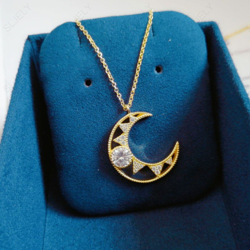 

High Quality Real 925 Sterling Silver Yellow Gold Color Star Moon Pendant Adjustable Necklace Micro Cubic Zirconia Women Jewelry