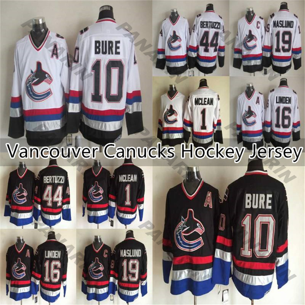 

Vancouver Canucks CCM Vintage jerseys 10 BURE 1 MCLEAN 19 NASLUND 44 BERTUZZI 16 LINDEN Men's Hockey Jersey, Black;red