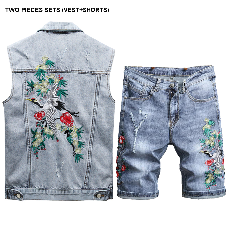 

2020 Summer Men's Sets Embroidery Plum Blossom Red-crowned Crane Vest and Shorts Two Pieces Sets Mens Casual Denim Suit Set, Two pieces sets-a819-1+8003