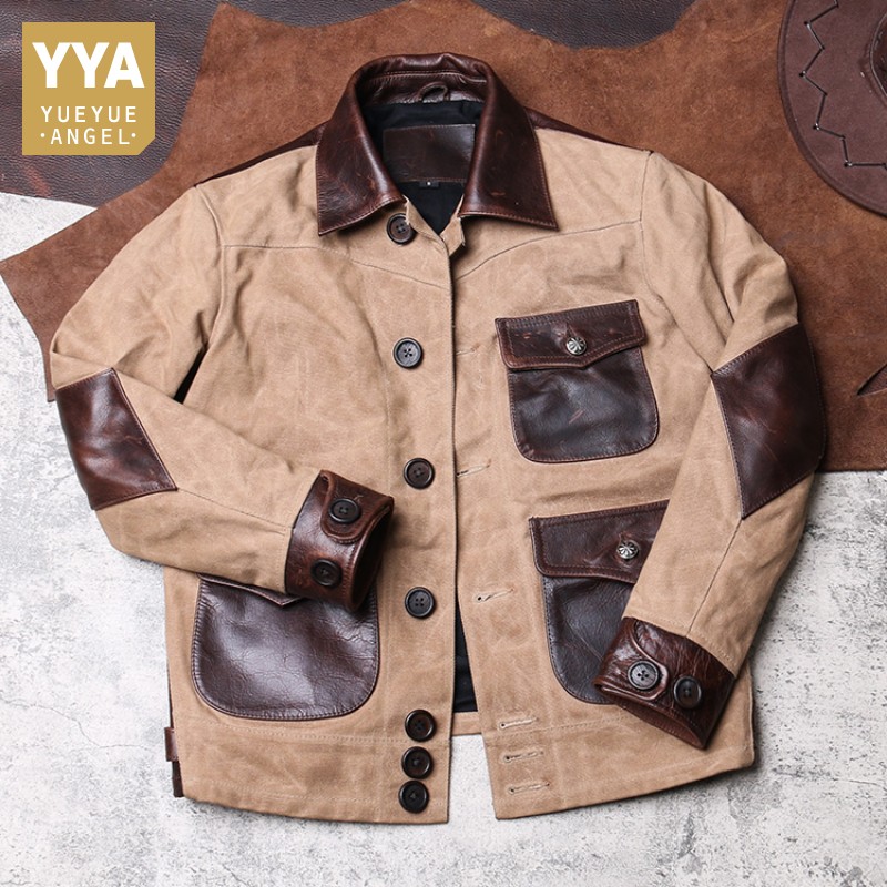 

Vintage Mens Cargo Coat Pockets Canvas Patchwork Cow Genuine Leather Jacket Male Retro Safari Style Slim Fit Short Outwear Coat, Khaki