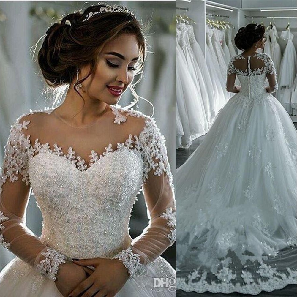

New Cheap Vestidos Wedding Dresses Jewel Neck Illusion Lace Appliques Crystal Beaded Long Sleeves A Line Court Train Formal Bridal Gowns, Ivory