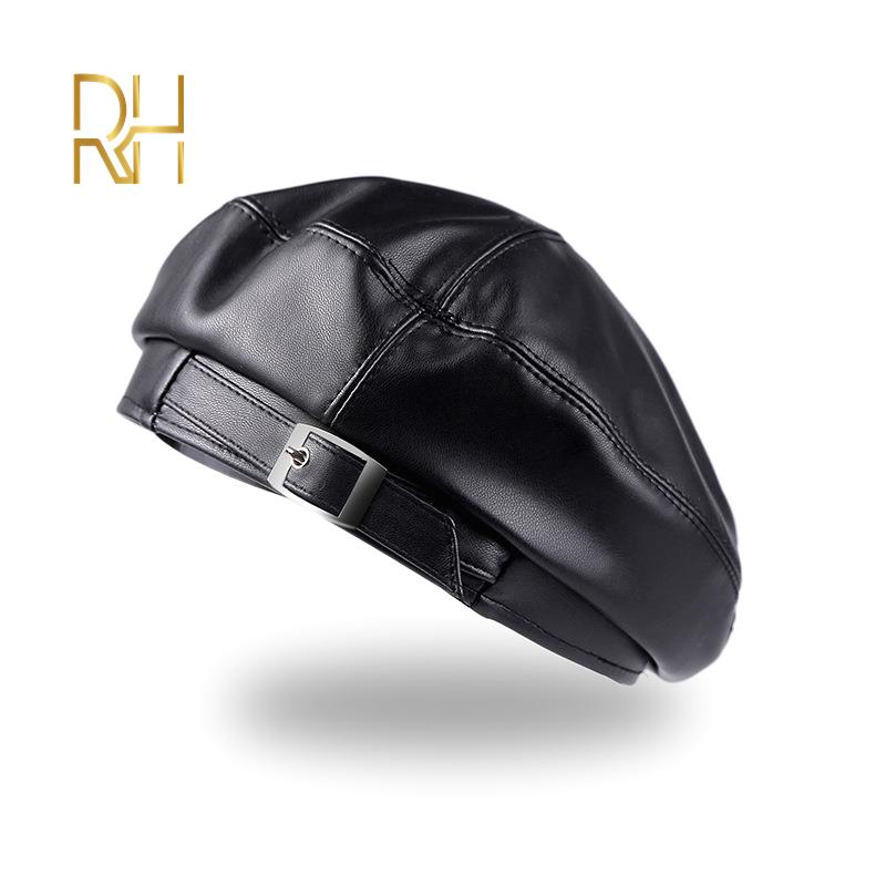 

Temperament vintage Leather Buckle PU Leather Beret Women's Autumn and Winter Fashion Easy Match Flat Top Painter Hat RH, White