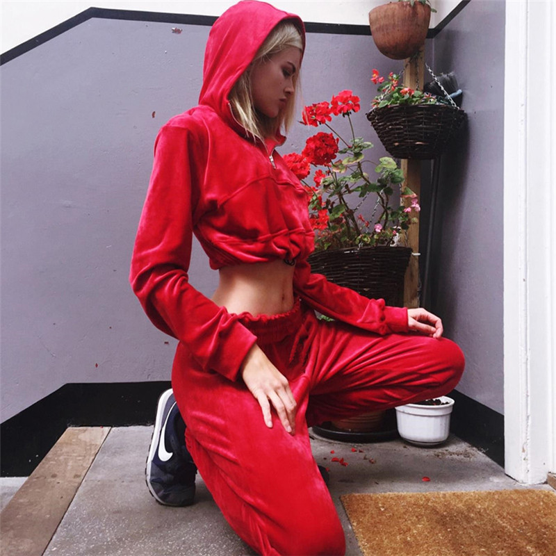 

2018 Sexy Women 2 Pieces Sweat Suit Navel Bare Crop Sweatshirts Hooded Hoodies & Mujer High Waist Pencil Pants Tracksuit Outfits, Red