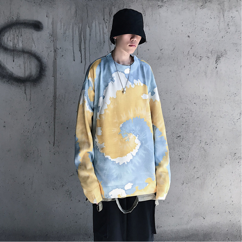 

Winter New Sweater Men's Fashion Tie Dyed Printing Casual O-neck Knit Pullover Street Wild Hip-hop Loose Long-sleeved Sweater, Pink