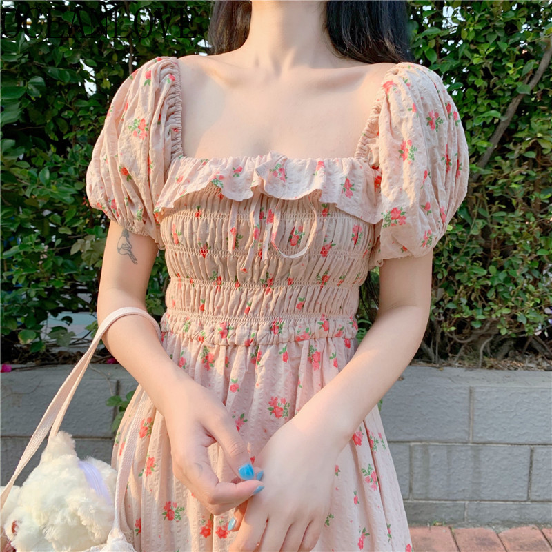 

OCEANLOVE Sweet Kawaii Vestidos Girls Japan Style Fashion High Waist Women Dresses Puff Sleeve 2020 Summer Dress Floral 16738, Apricot