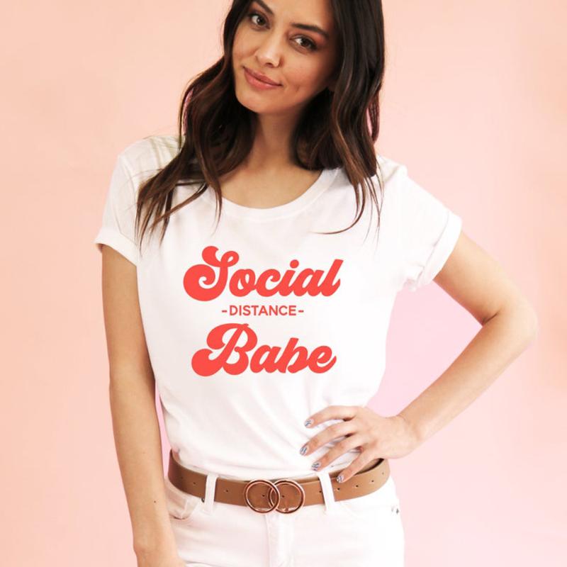 

Social Distance Babe Letter Print Women Tshirt Ulzzang Harajuku Short Sleeve T Shirt Introvert Self Quarantine Tees Dropshipping, Black