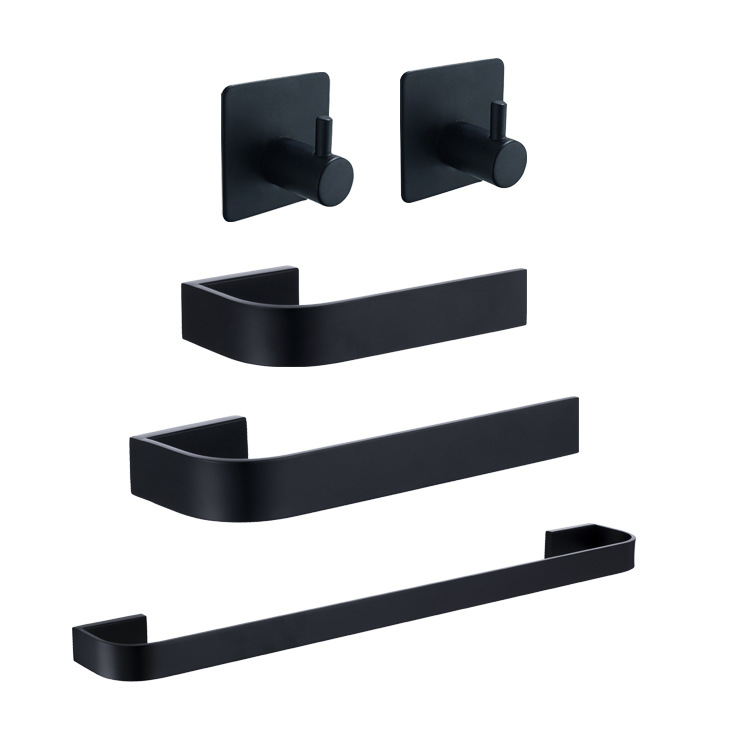 

304 Stainless Steel Bathroom Accessories Set Matte Black Towel Holder Wall Toilet Roll Paper Holder , Adhesive Robe Hook