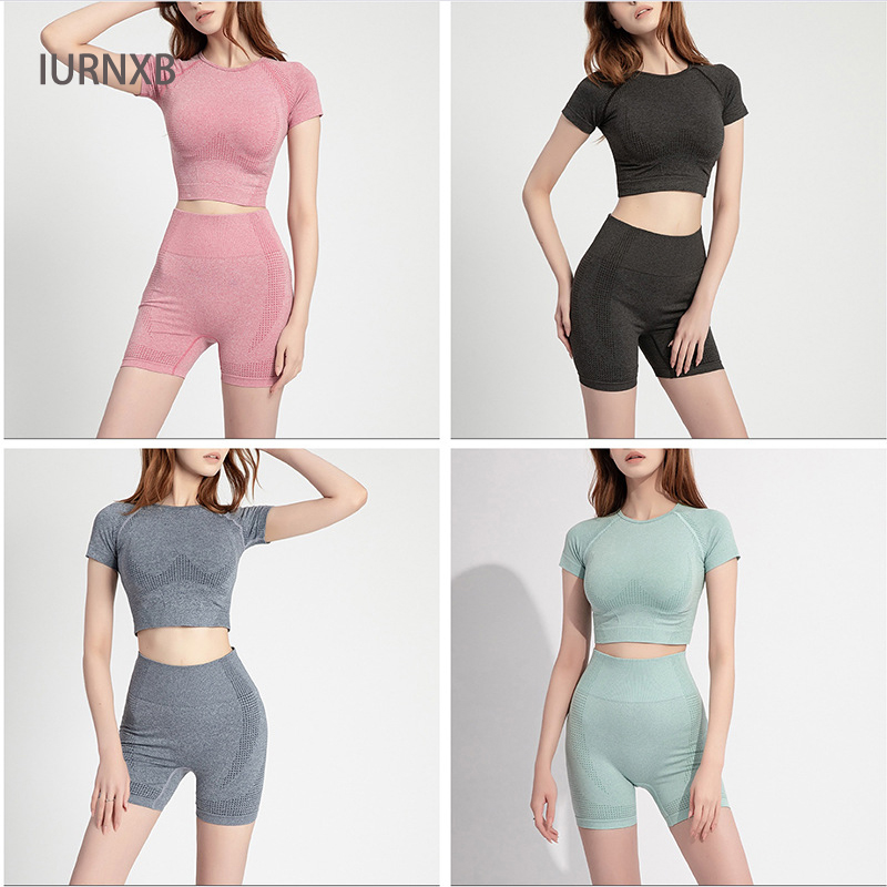 

Women Seamless Yoga short set Workout Sport Wear Gym Clothing Short Sleeve Crop Top High Waist Leggings Sports Suit, Grey pants