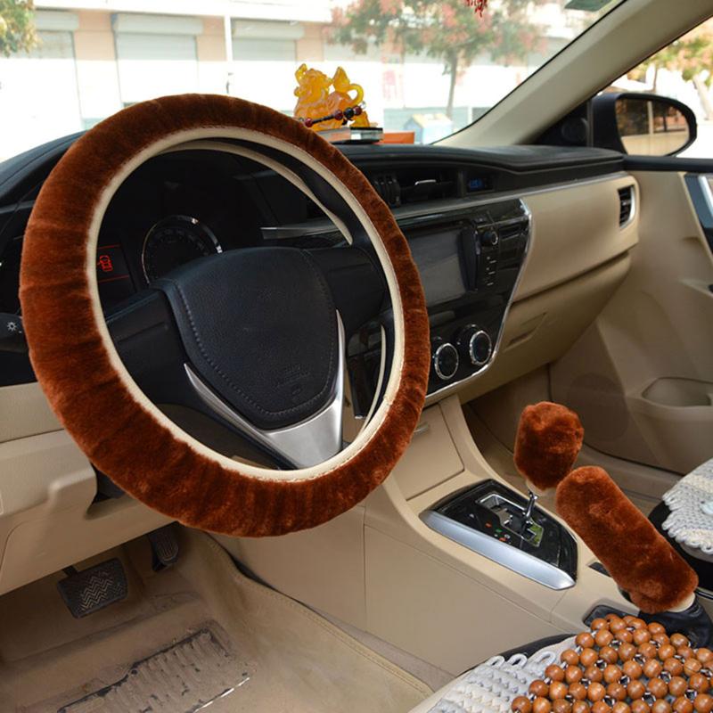 

#H10 3Pcs Soft Plush Spring Steering Wheel Cover Kit With Stop Lever+Hand Brake Wool Cover Winter Warm Auto Car Accessory