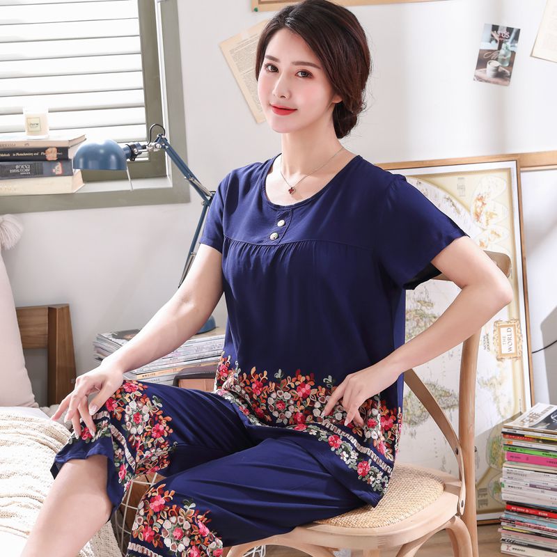 

Elegant Women Pajamas Sets Flower 2PCS Sleepwear Short Sleeve Pyjamas Suit Summer Sleep Set Female Home Clothes Casual Home Wear