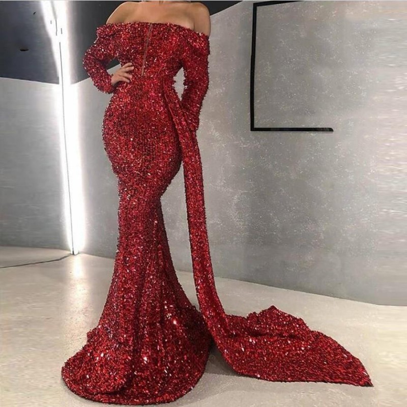 

Sparkle Dark Red Sequined Mermaid Reflective Evening Dresses 2020 Full Sleeves Off The Shoulder Long Prom Gowns Sexy Formal Dress, Blue