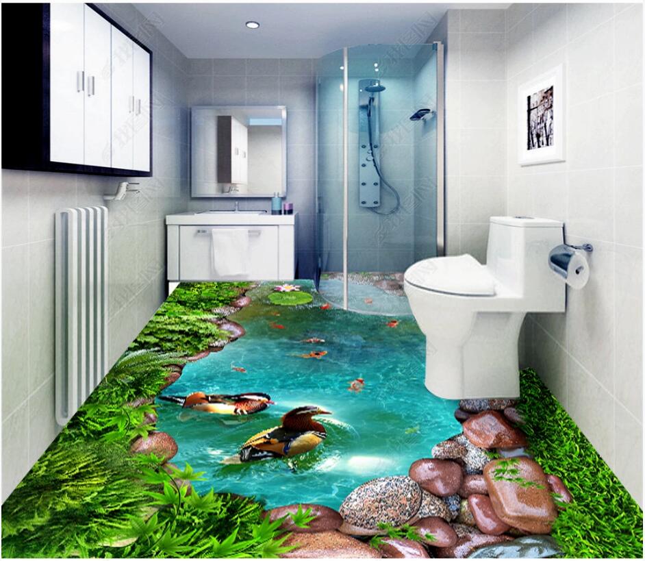 

3d pvc flooring custom photo Waterproof Self-adhesive floor Goldfish in green grass cobblestone pool room Vinyl wallpaper for walls 3 d, Blue