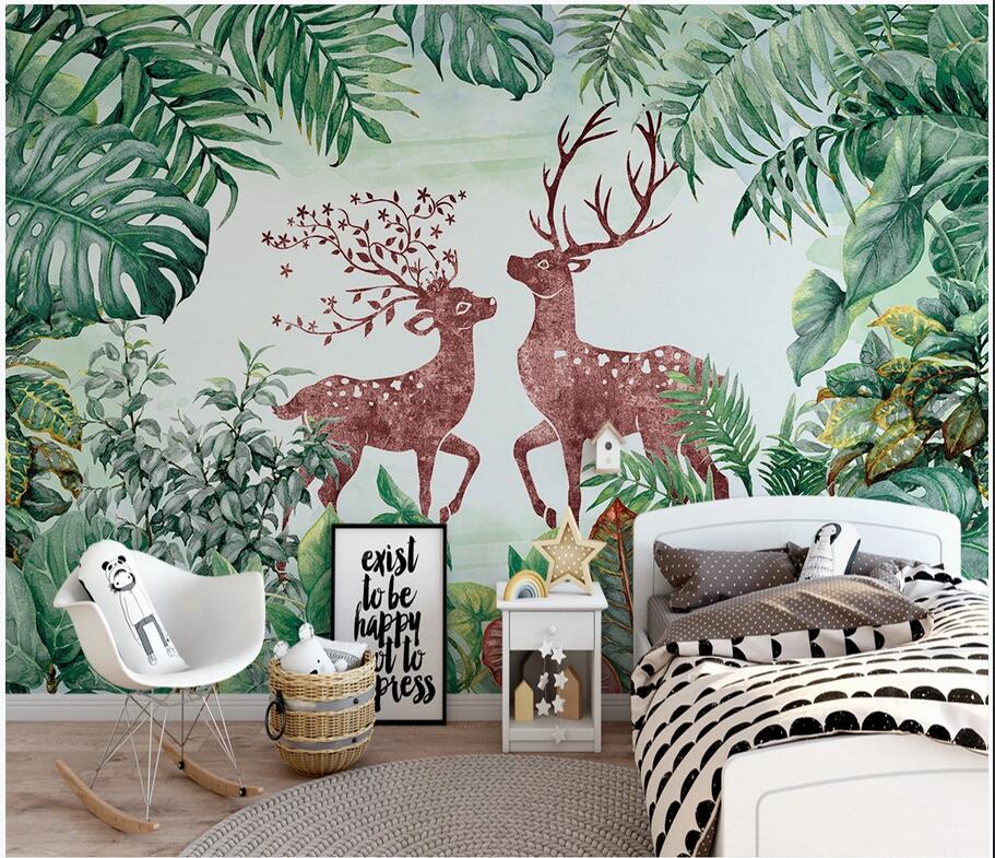 

3d wallpaper custom photo Green plants couple fire elk children's room home decor 3d wall murals wallpaper for walls 3 d, Non-woven