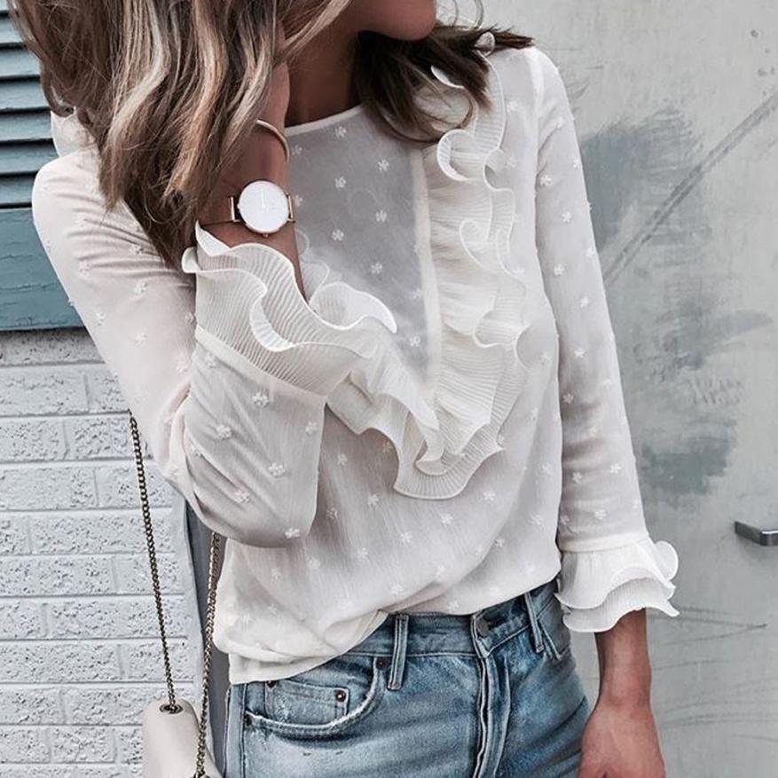 

Women Ladies Blouses And Tops Casual Ruffles Lace Polka Dot O Neck Shirt Long Sleeve Blouse 2018 WGNVTX13, White
