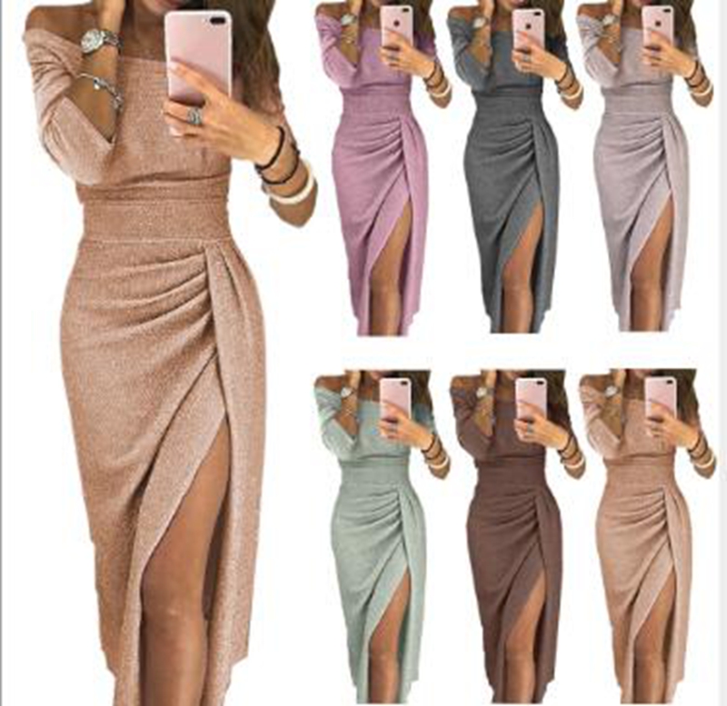 

Wholesale new summer women's models ladies bag hip slits collar dress bright crystal dress skirt dinner dress, Pink