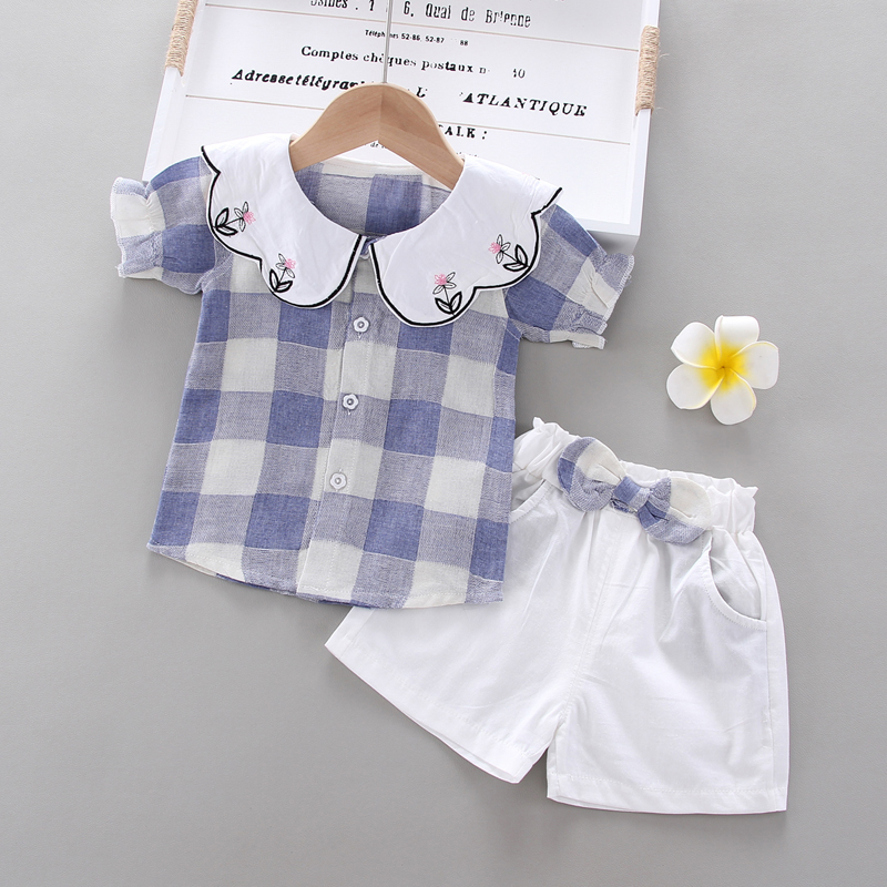 

Baby Girls Clothing Sets 2020 New Style Summer Children Clothes Cute Plaid Shirt + Bow Short Pants 2pc Kids Clothes Sets, Black