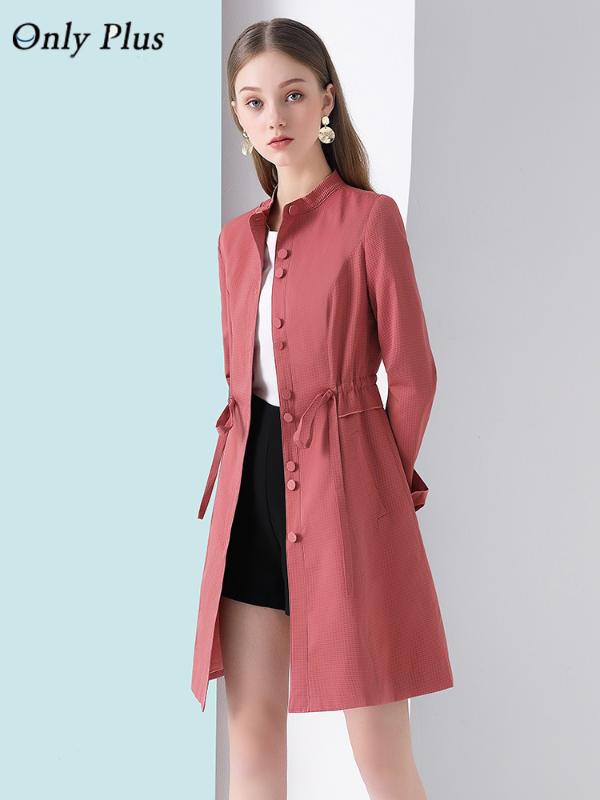

Only Plus 2020 Spring Autumn Trench Coat Woman Wine Long Windbreakers Sashes Thin Button O-Neck Coat Femme Trench, Burgundy