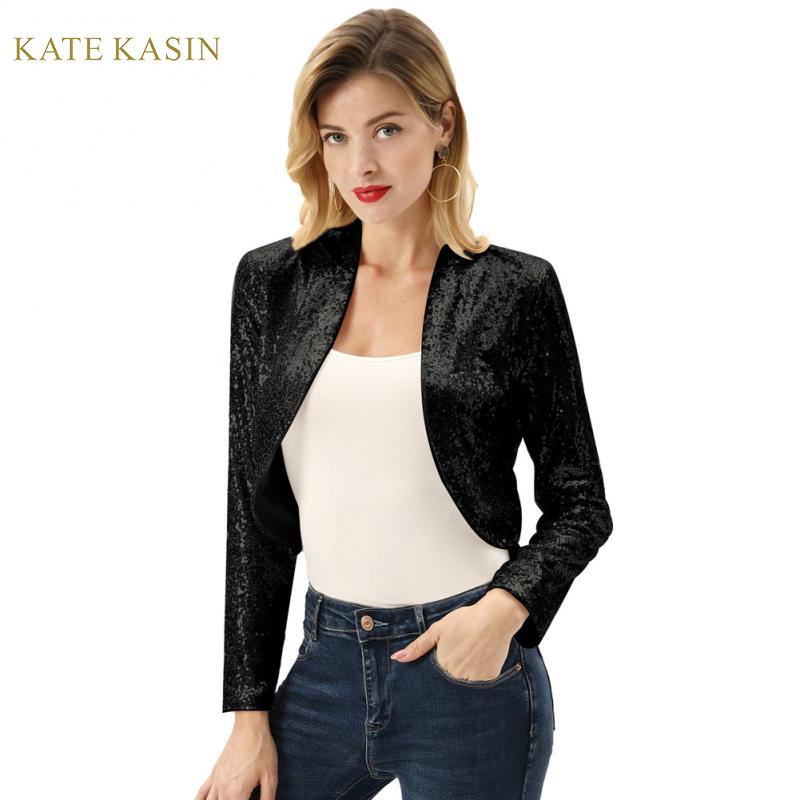 

Kate Kasin Sequin Cardigan Tops Women Long Sleeve Cropped Glitter Jacket Open Front Sequined Bolero Jacket Sparking Shrug -XXL, Black