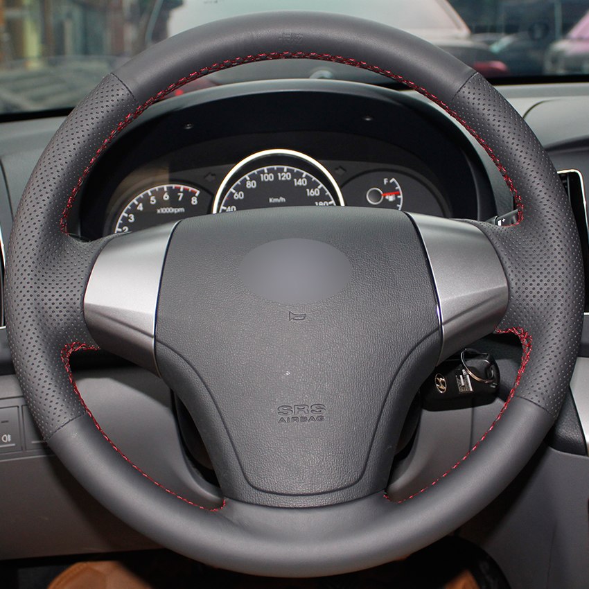 Black Natural Leather Car Steering Wheel Cover for Hyundai Elantra 2008-2010-image-440434574