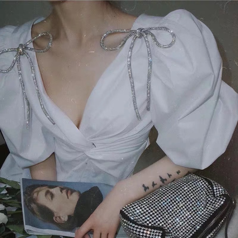 

High Quality Korean Bowknot Woman Dress V Neck Puff Sleeve Plus Size Loose Mini Dresses Female White Ladies Dresses Summer