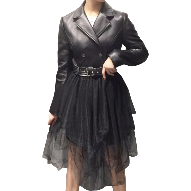 

2019 Spring Luxury Sheepskin Real Leather Jacket Lace Hem Removable Skirt Women Slim Fit Buckle Motor Biker Lady Leather Coat, Beige