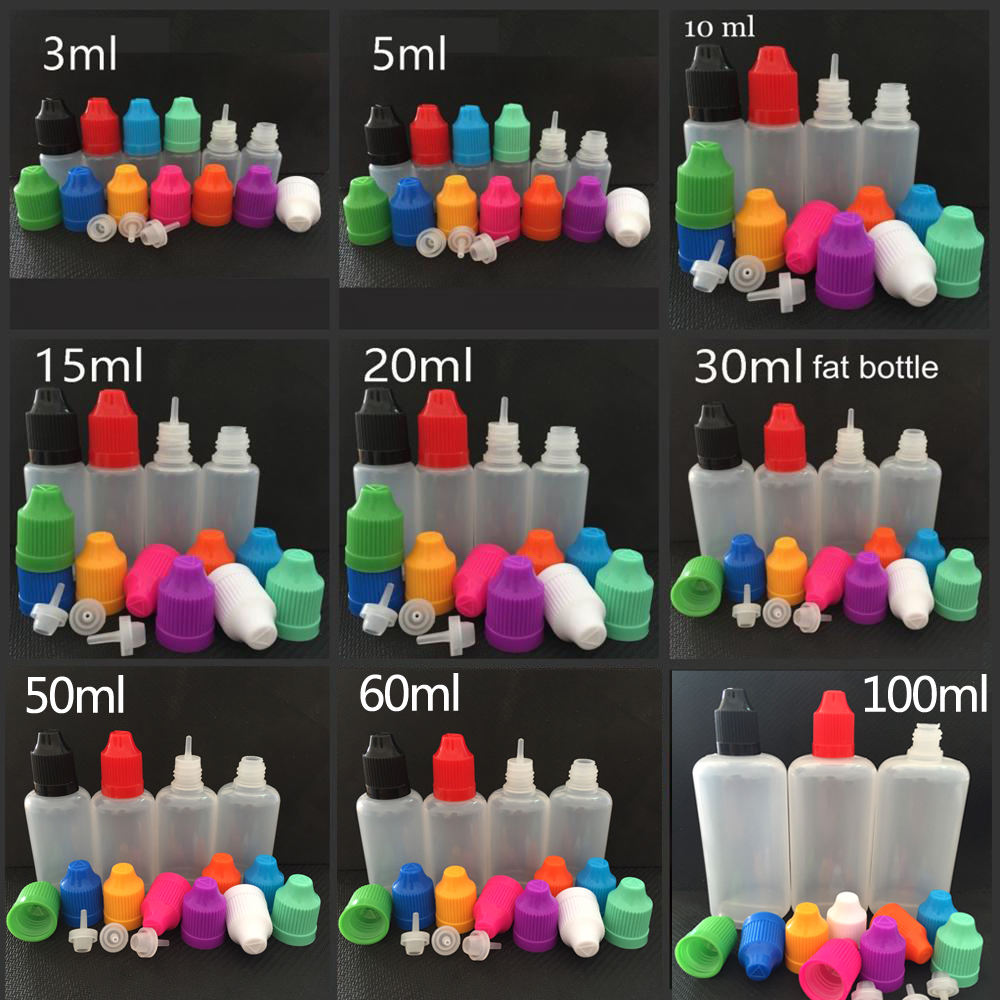

E Liquid Bottles 3ml 5ml 10ml 15ml 20ml 30ml 50ml 60ml 100ML Dropper LDPE Childproof Caps Thin Needle Tips For Juice Vape Oil